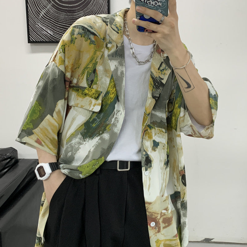 Short-sleeved Floral Shirt Men&#039;s Lazy Summer Ruffian Handsome Design Sense Niche Hong Kong Style Japanese Ins Three-quarter Sleeve Island Style Jacket