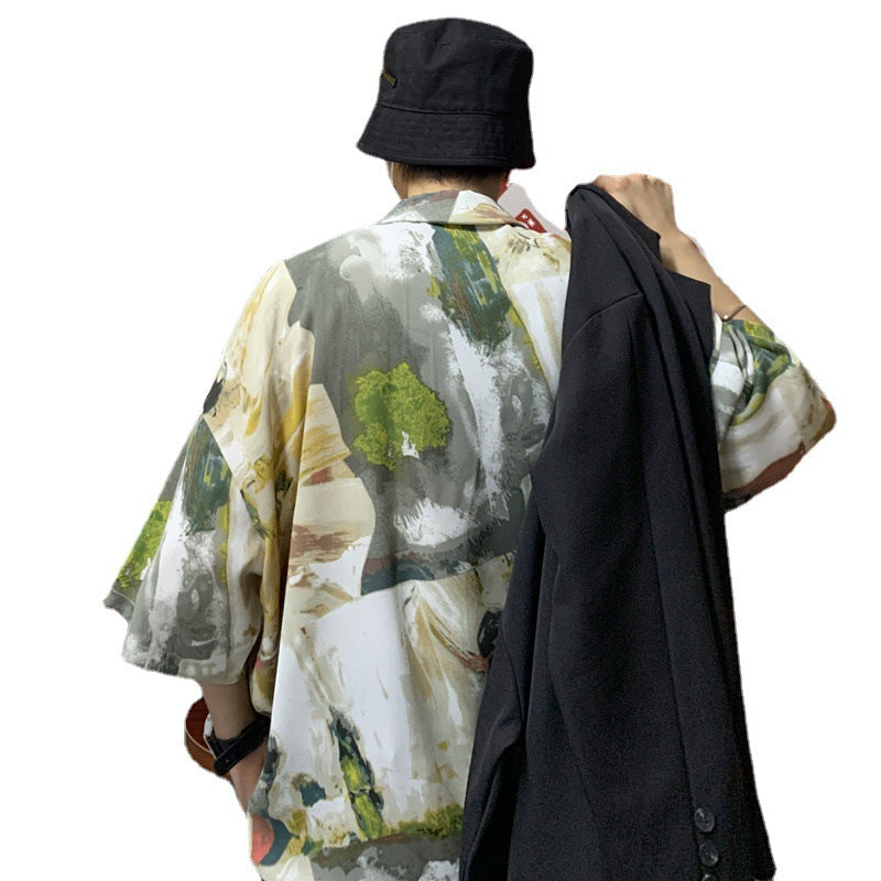 Short-sleeved Floral Shirt Men&#039;s Lazy Summer Ruffian Handsome Design Sense Niche Hong Kong Style Japanese Ins Three-quarter Sleeve Island Style Jacket