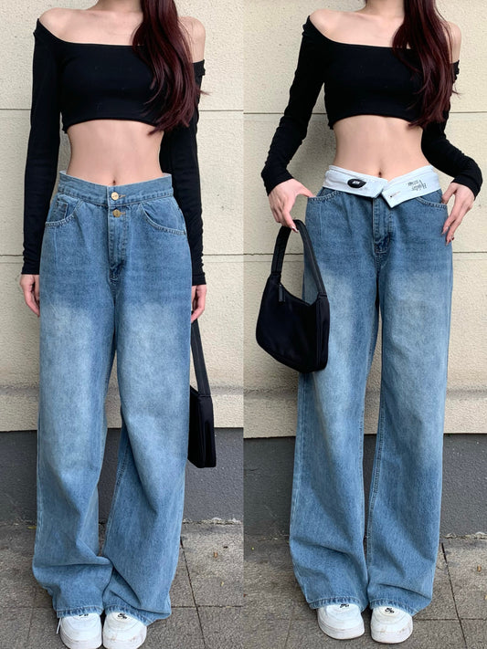 Niche Retro Jeans Women&#039;s Summer And Autumn Dipped Floor Trousers Design Loose High Waist Straight Leg Wide Leg Pants