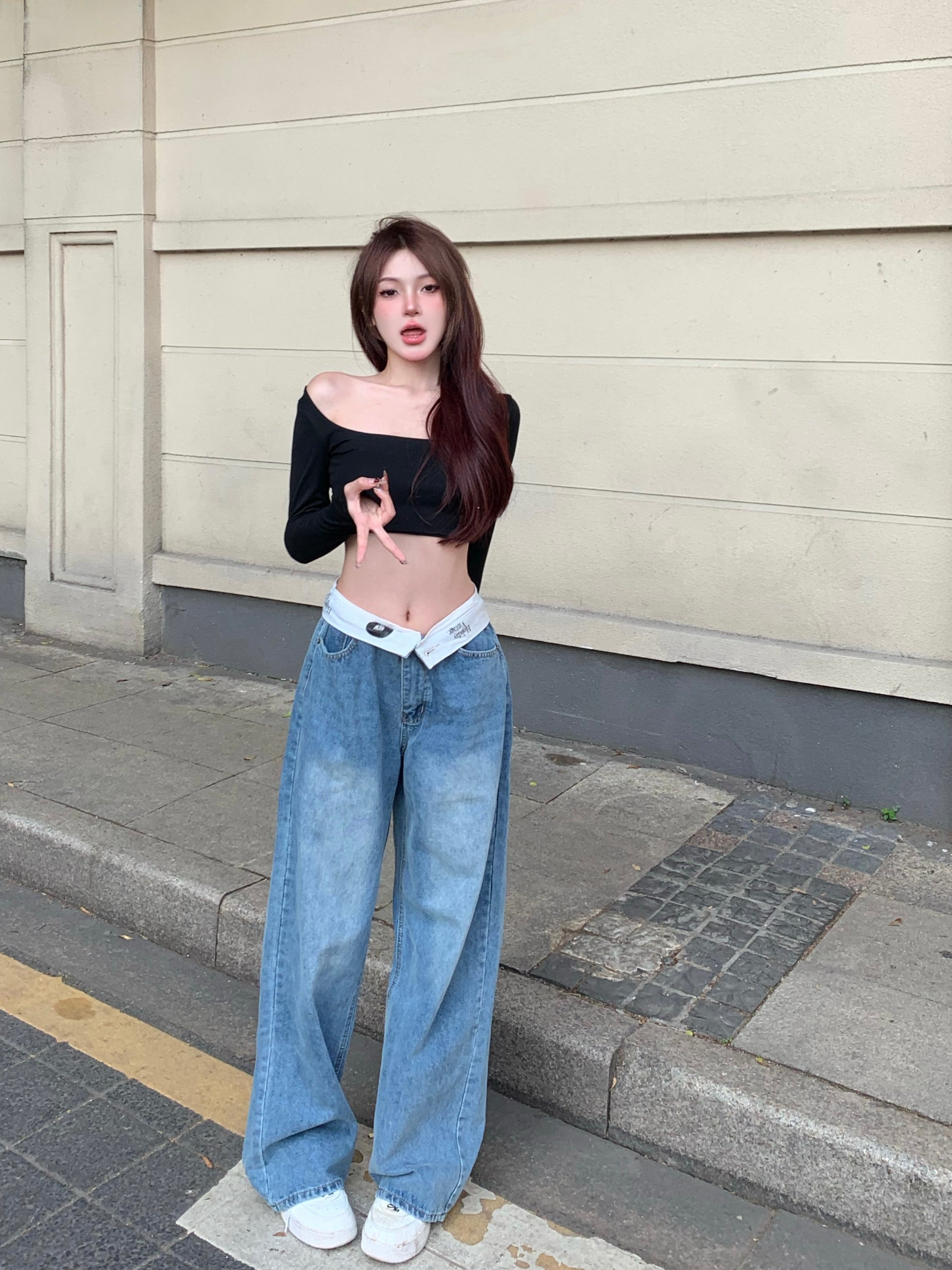 Niche Retro Jeans Women&#039;s Summer And Autumn Dipped Floor Trousers Design Loose High Waist Straight Leg Wide Leg Pants