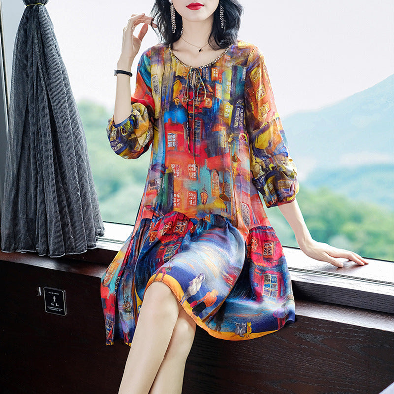 Fancy Print Loose Silk Dress