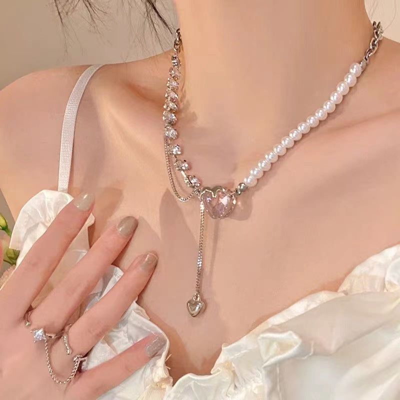 Love Stitching Pearl Necklace Women&#039;s Light Luxury Necklace High Design Sense Of Small Clavicle Chain 2022 New Trend