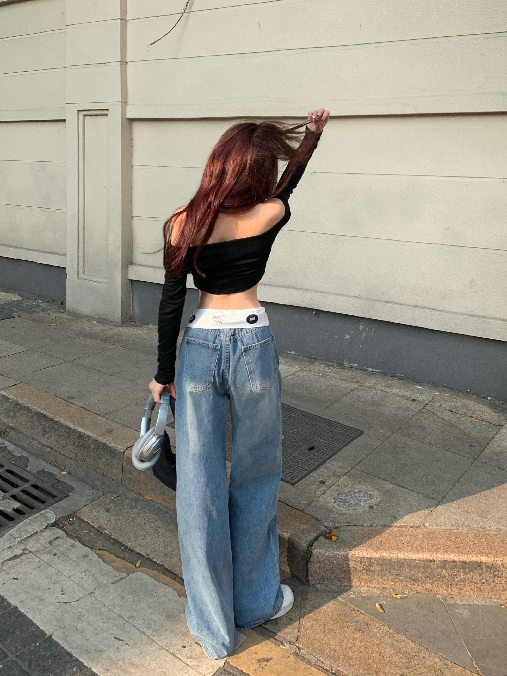 Niche Retro Jeans Women&#039;s Summer And Autumn Dipped Floor Trousers Design Loose High Waist Straight Leg Wide Leg Pants